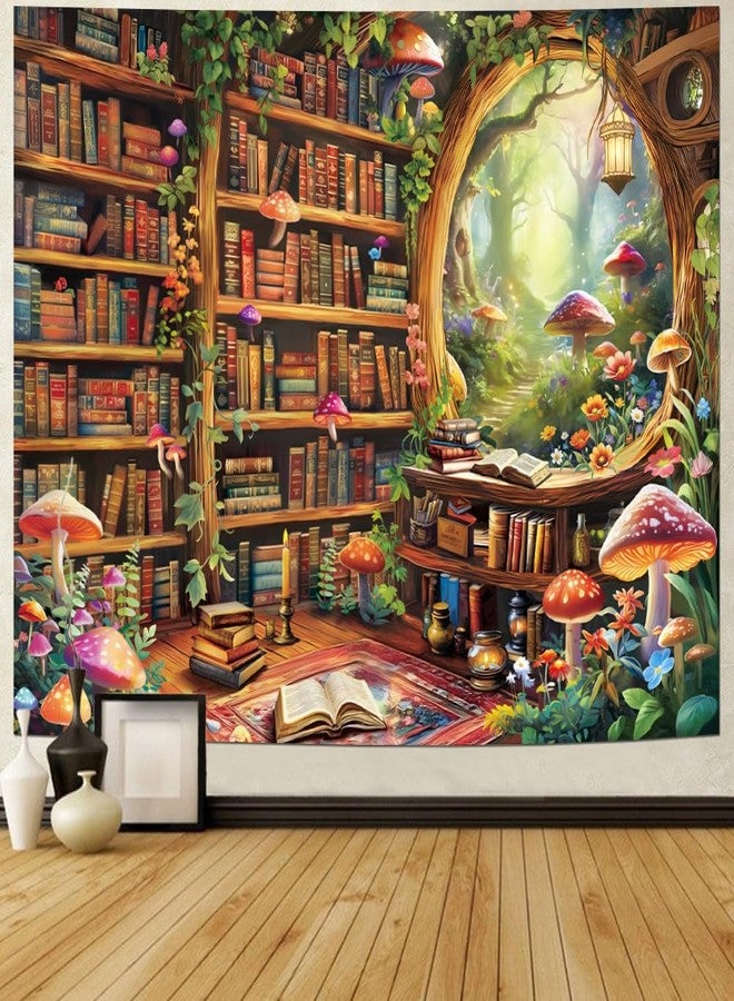 Lahasbja Blacklight Bookshelf Tapestry UV Reactive Magical Library Wall Hanging Fantasy Fairy Mushroom Forest Wall Tapestries Aesthetic Plants Bookcase Background for Bedroom - Image 2